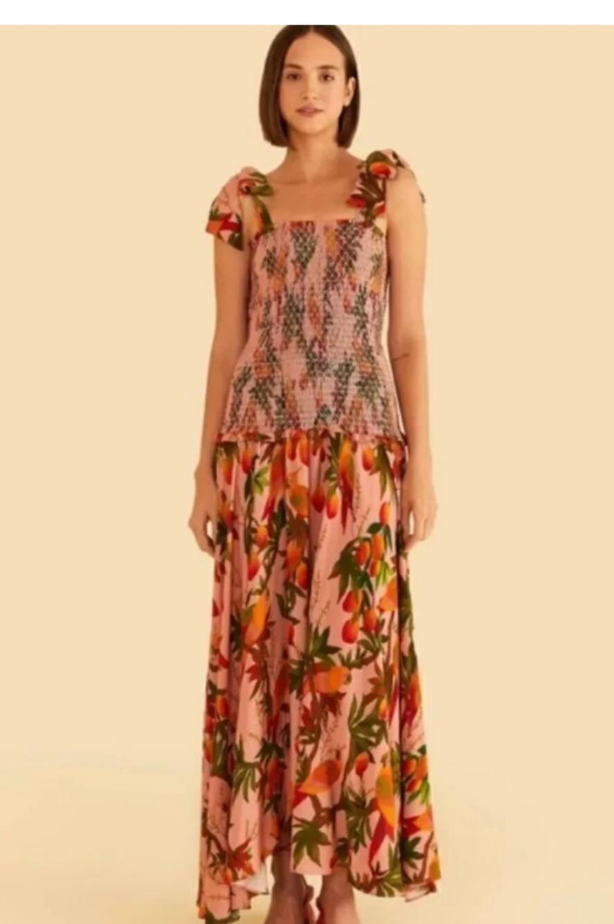 FARM RIO Mango Trees Smocked Bodice Midi Dress Size Large (P2P 15)